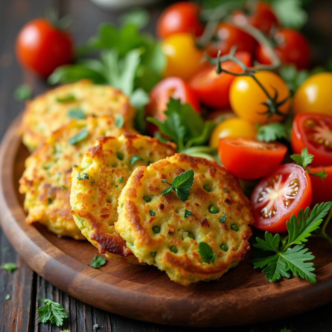 Erbsenküchlein mit Tomatensalat Rezept Erbsenküchlein mit Tomatensalat Rezept