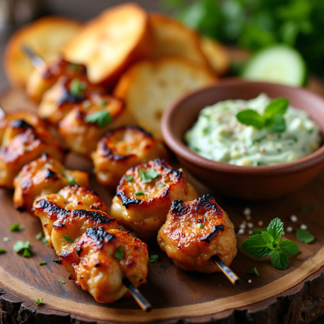 Fackelspieße vom Grill mit Gurken-Knoblauch-Dip Rezept Fackelspieße vom Grill mit Gurken-Knoblauch-Dip Rezept