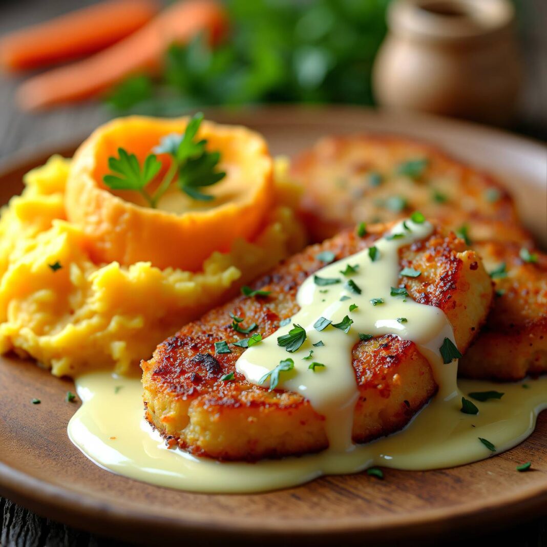 Farbiger Kartoffelpüree mit Sahneschnitzel Rezept Farbiger Kartoffelpüree mit Sahneschnitzel Rezept