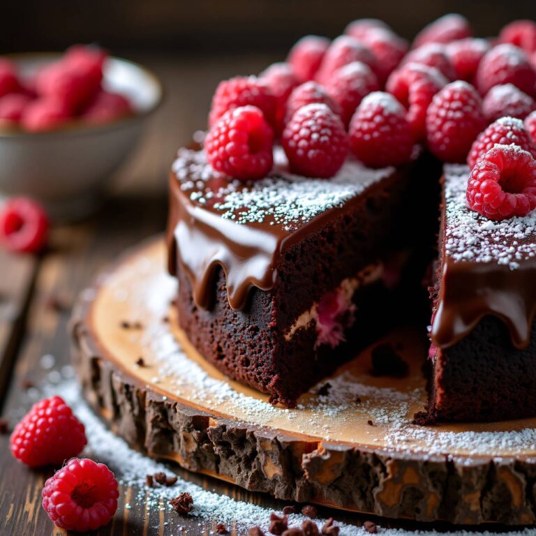 Feuchter Schokoladenkuchen mit Himbeeren Rezept