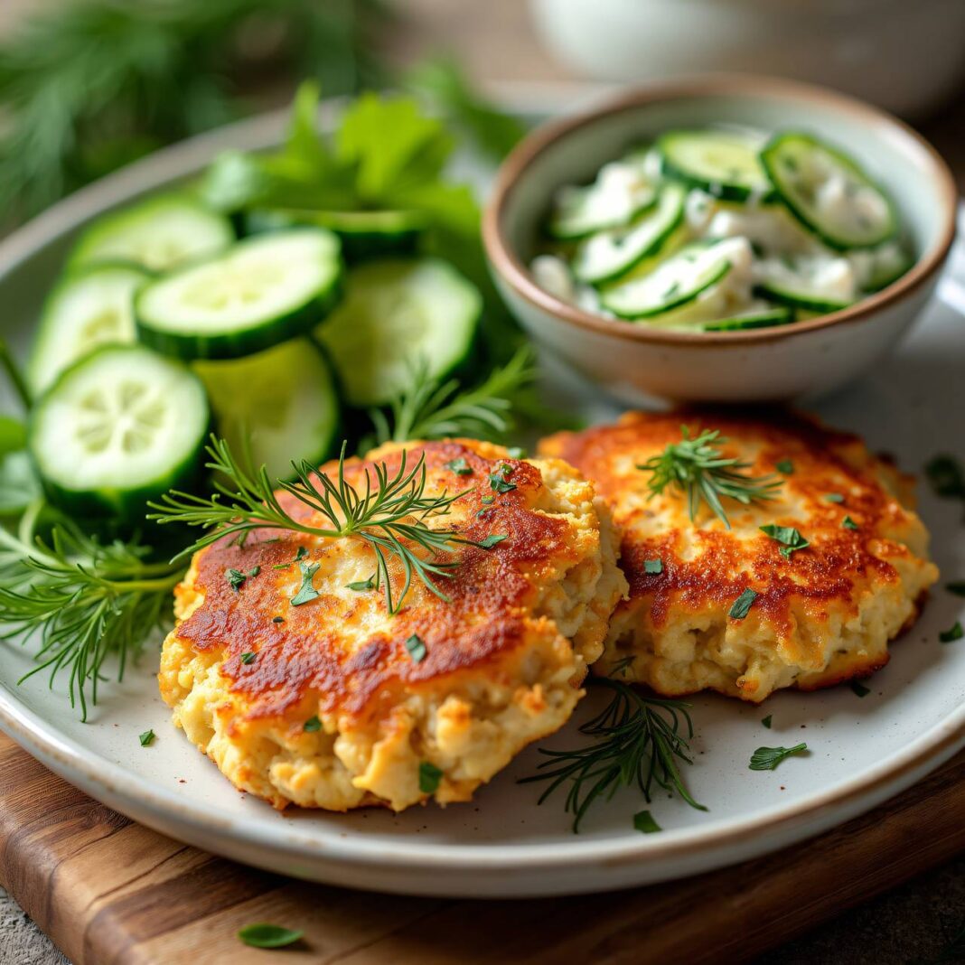 Fischküchlein mit Gurkensalat Rezept Fischküchlein mit Gurkensalat Rezept