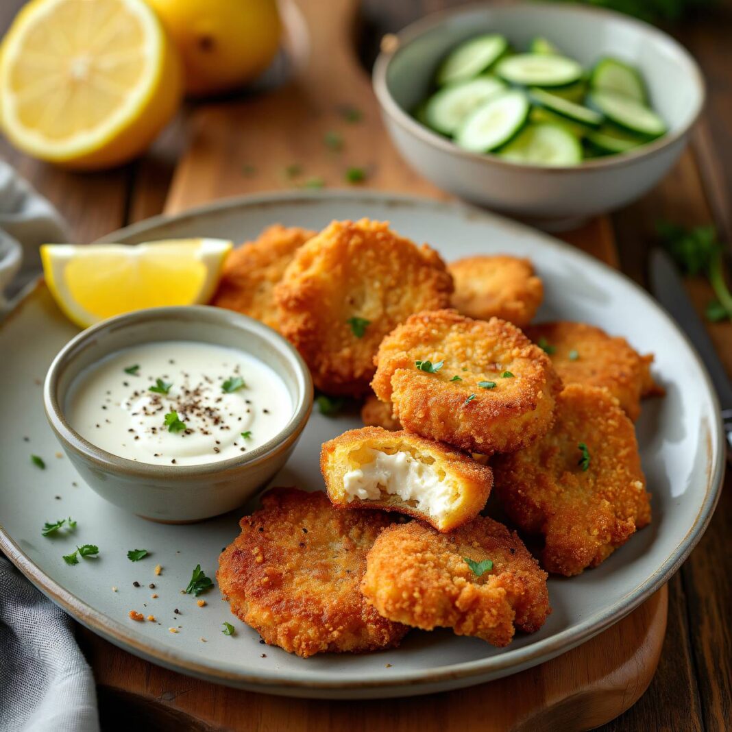 Fischnuggets mit Quarkdip und Gurkensalat Rezept Fischnuggets mit Quarkdip und Gurkensalat Rezept