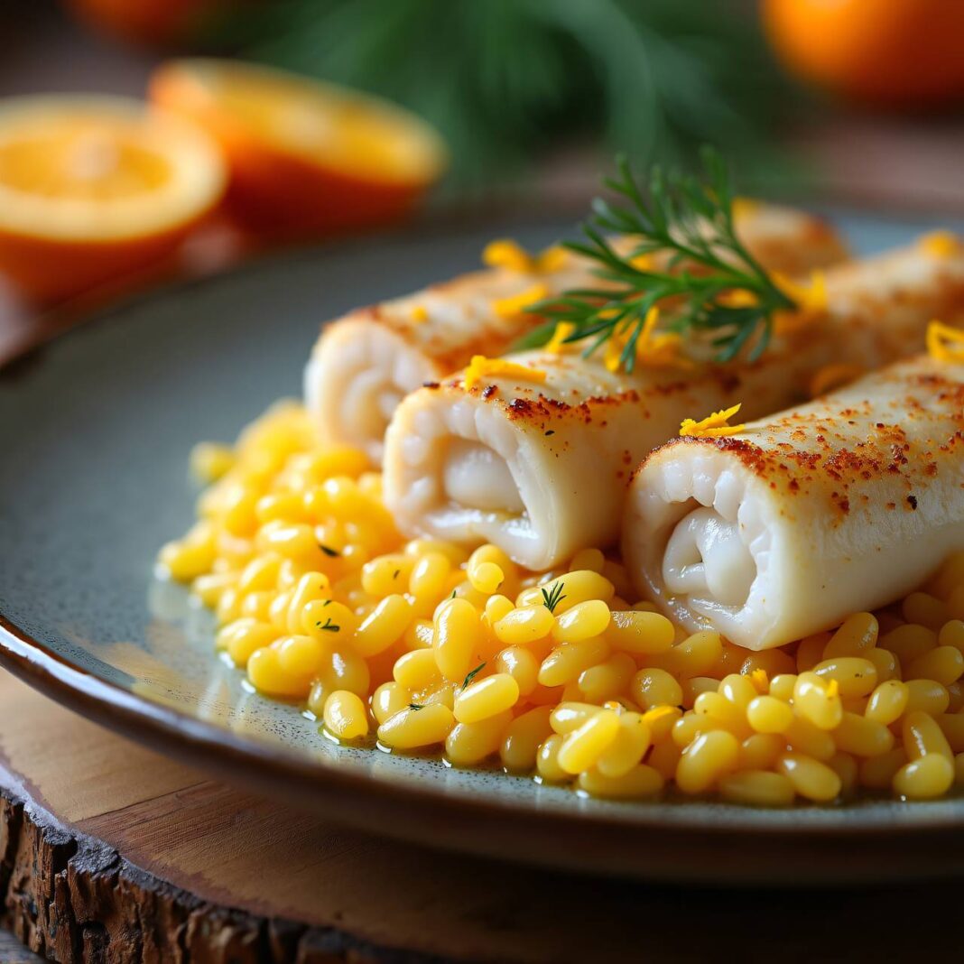 Fischröllchen mit Clementinen-Risotto Rezept Fischröllchen mit Clementinen-Risotto Rezept