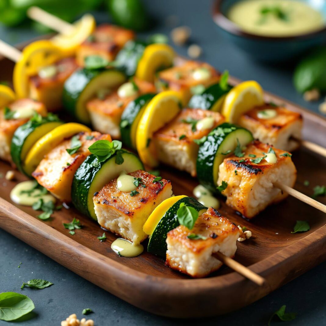 Fischspieße vom Grill mit Basilikum-Walnuss-Dressing Rezept Fischspieße vom Grill mit Basilikum-Walnuss-Dressing Rezept