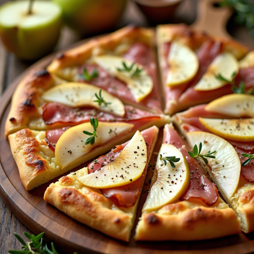 Flammkuchen mit Schinken, Birne und Mozzarella Rezept Flammkuchen mit Schinken, Birne und Mozzarella Rezept