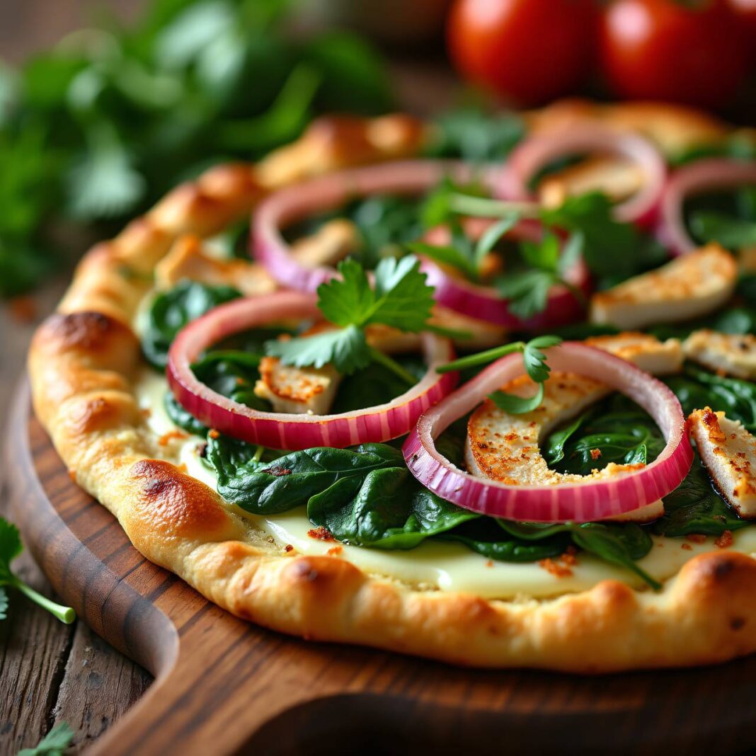 Flammkuchen mit Spinat und Hähnchen Rezept Flammkuchen mit Spinat und Hähnchen Rezept