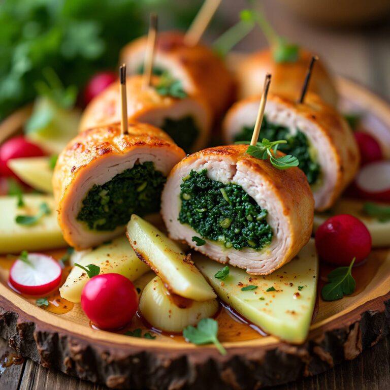 Fleisch-Spinat-Spieße mit Kohlrabi Rezept