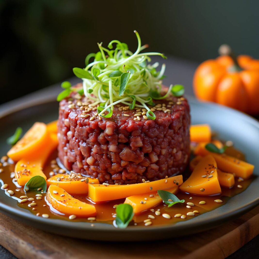 Fleisch-Tatar mit süss-saurem Kürbis Rezept Fleisch-Tatar mit süss-saurem Kürbis Rezept