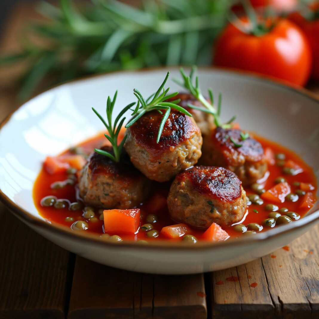 Fleischbällchen mit Puylinsen an scharfer Tomatensauce Rezept Fleischbällchen mit Puylinsen an scharfer Tomatensauce Rezept