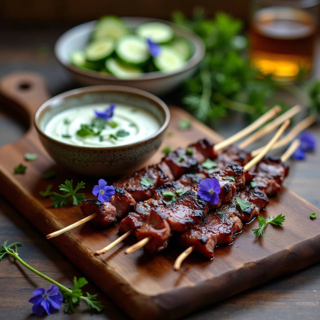 Fleischspieße mit Joghurt-Gurken-Crème Rezept Fleischspieße mit Joghurt-Gurken-Crème Rezept