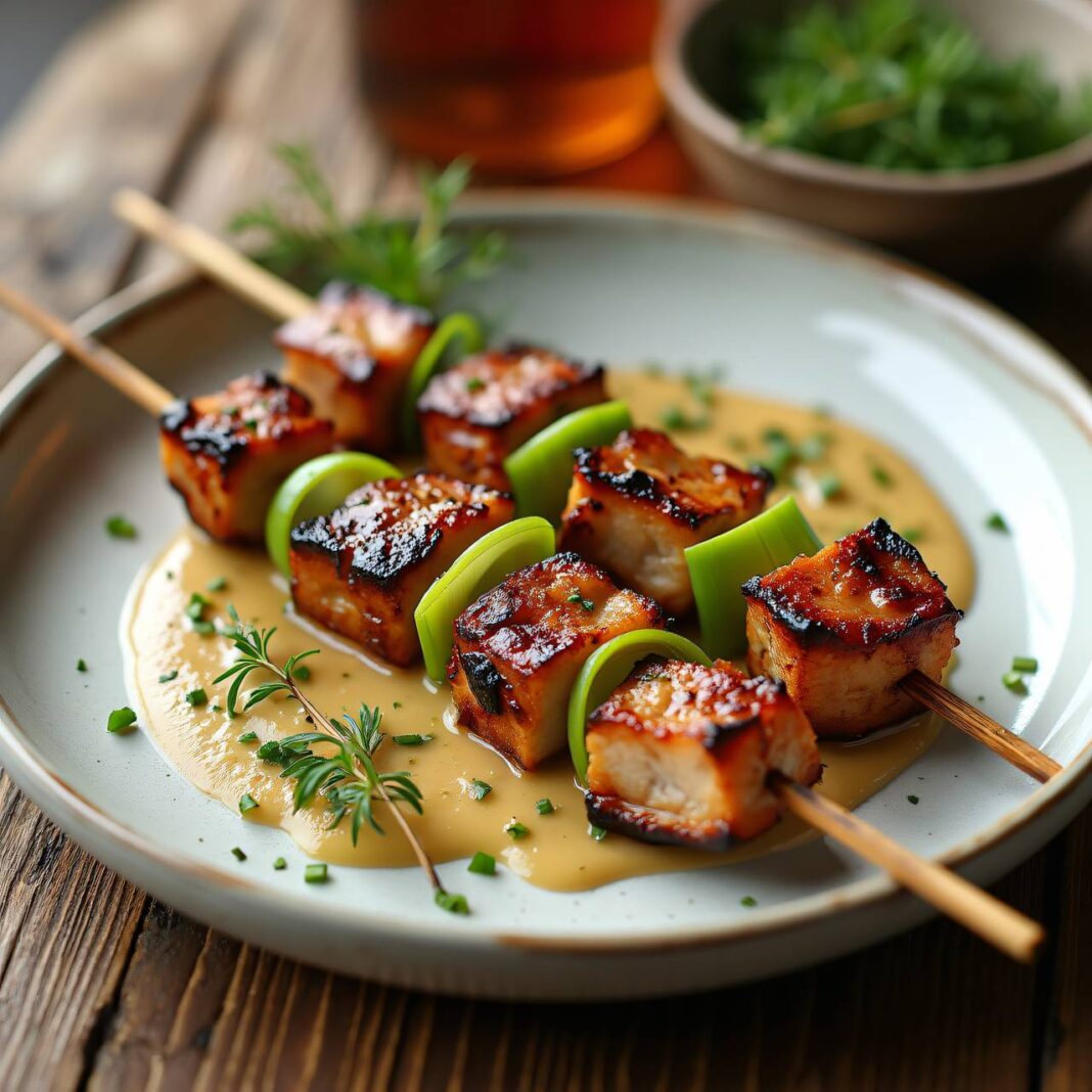 Fleischspiesse mit Lauch-Nuss-Sauce Rezept Fleischspiesse mit Lauch-Nuss-Sauce Rezept