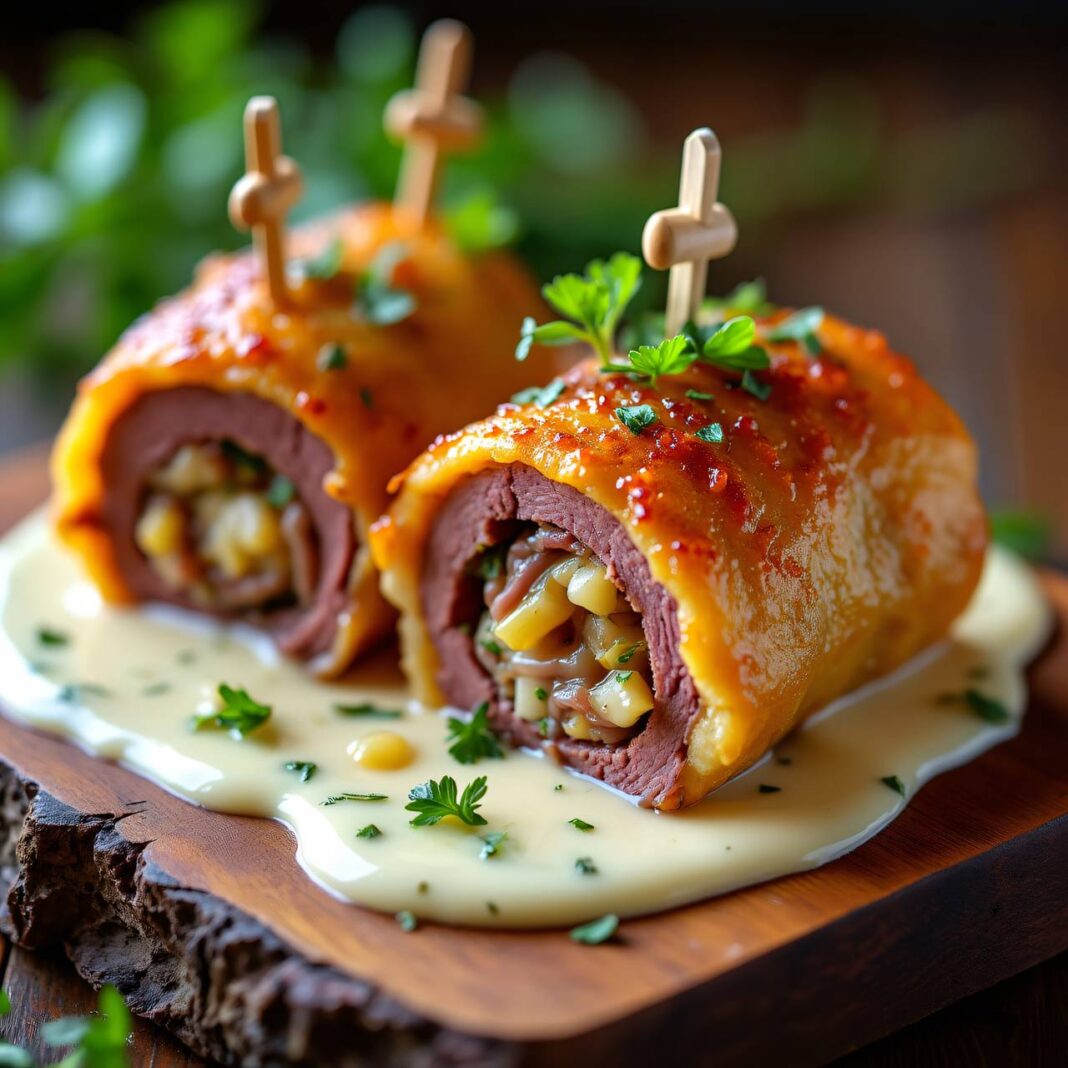 Fleischvögel mit Zwiebel-Frischkäse-Füllung Rezept Fleischvögel mit Zwiebel-Frischkäse-Füllung Rezept