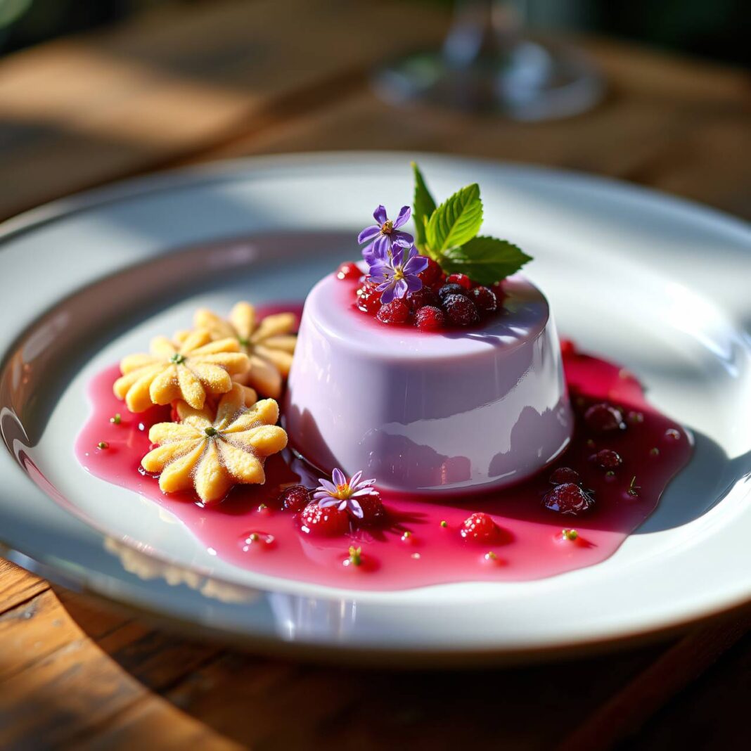 Flieder-Panna-cotta mit Sonnenblumen-Konfekt Rezept Flieder-Panna-cotta mit Sonnenblumen-Konfekt Rezept