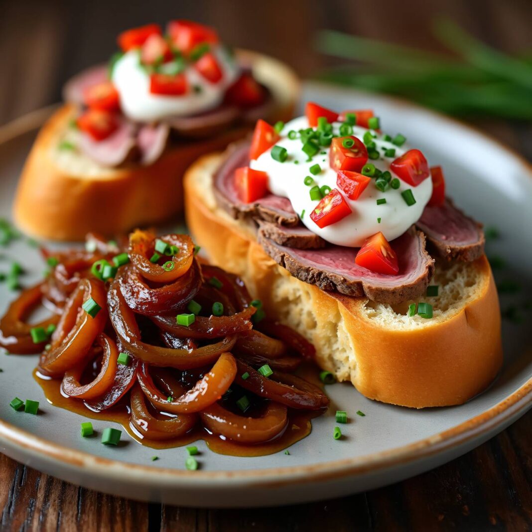 Flûte mit Schweinsbraten und Balsamico-Zwiebeln Rezept Flûte mit Schweinsbraten und Balsamico-Zwiebeln Rezept