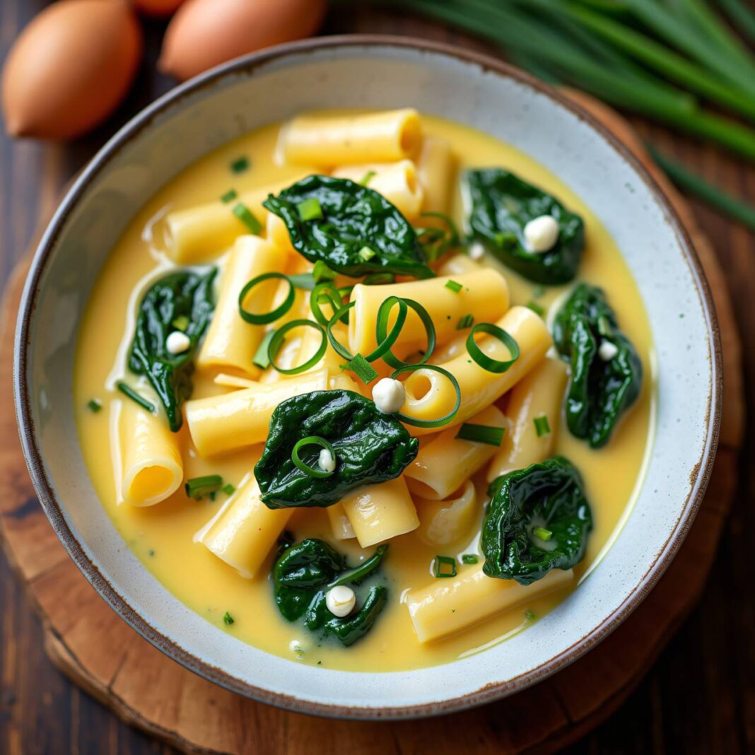 Fondue-Hörnchen-Nudeln mit Spinat Rezept Fondue-Hörnchen-Nudeln mit Spinat Rezept