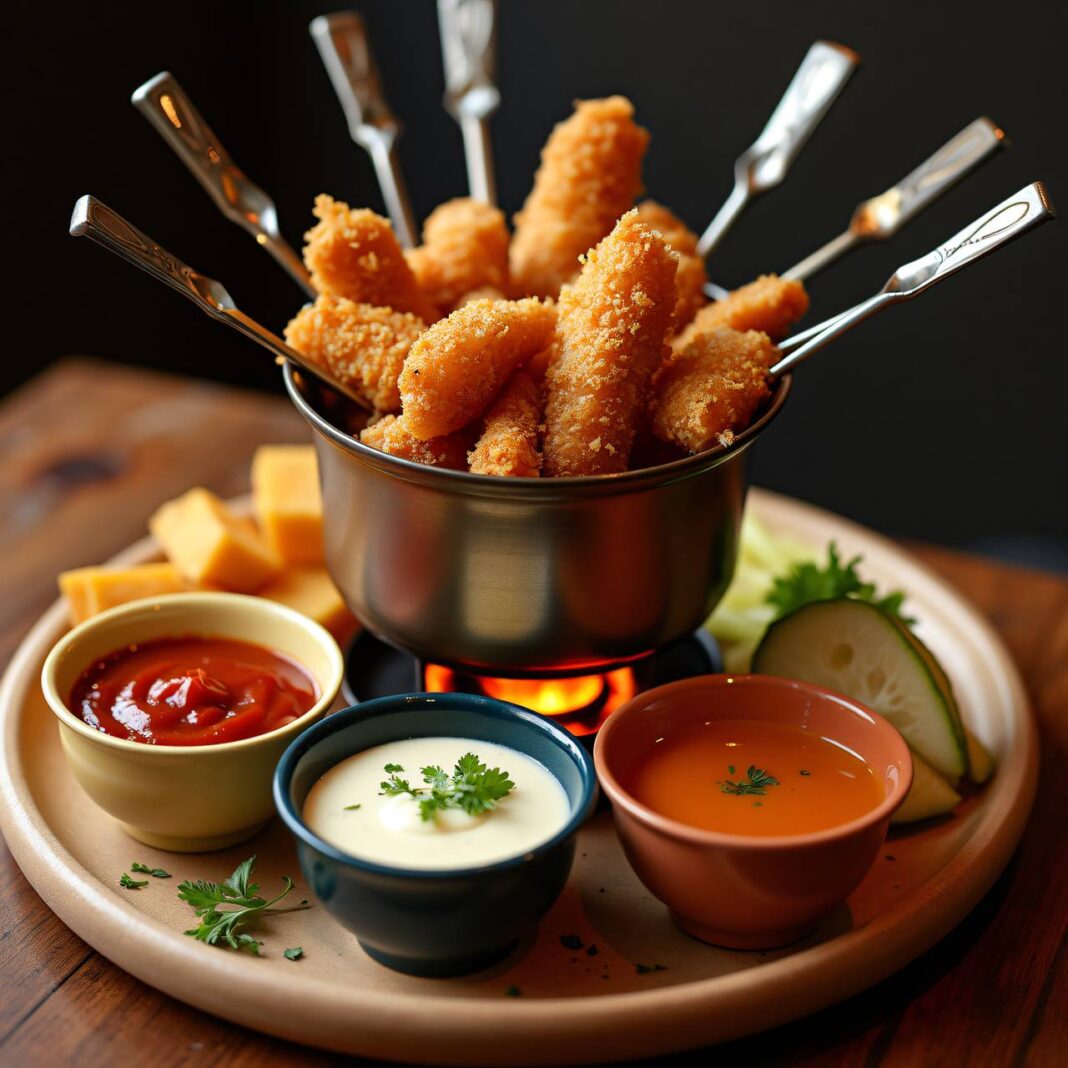 Fondue mit paniertem Hähnchen Rezept Fondue mit paniertem Hähnchen Rezept