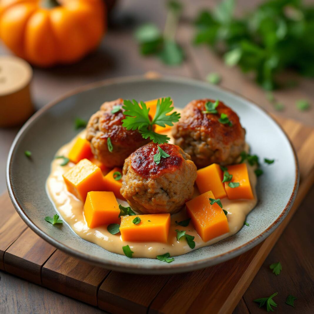 Fricassé mit Fleischbällchen und Kürbis Rezept Fricassé mit Fleischbällchen und Kürbis Rezept