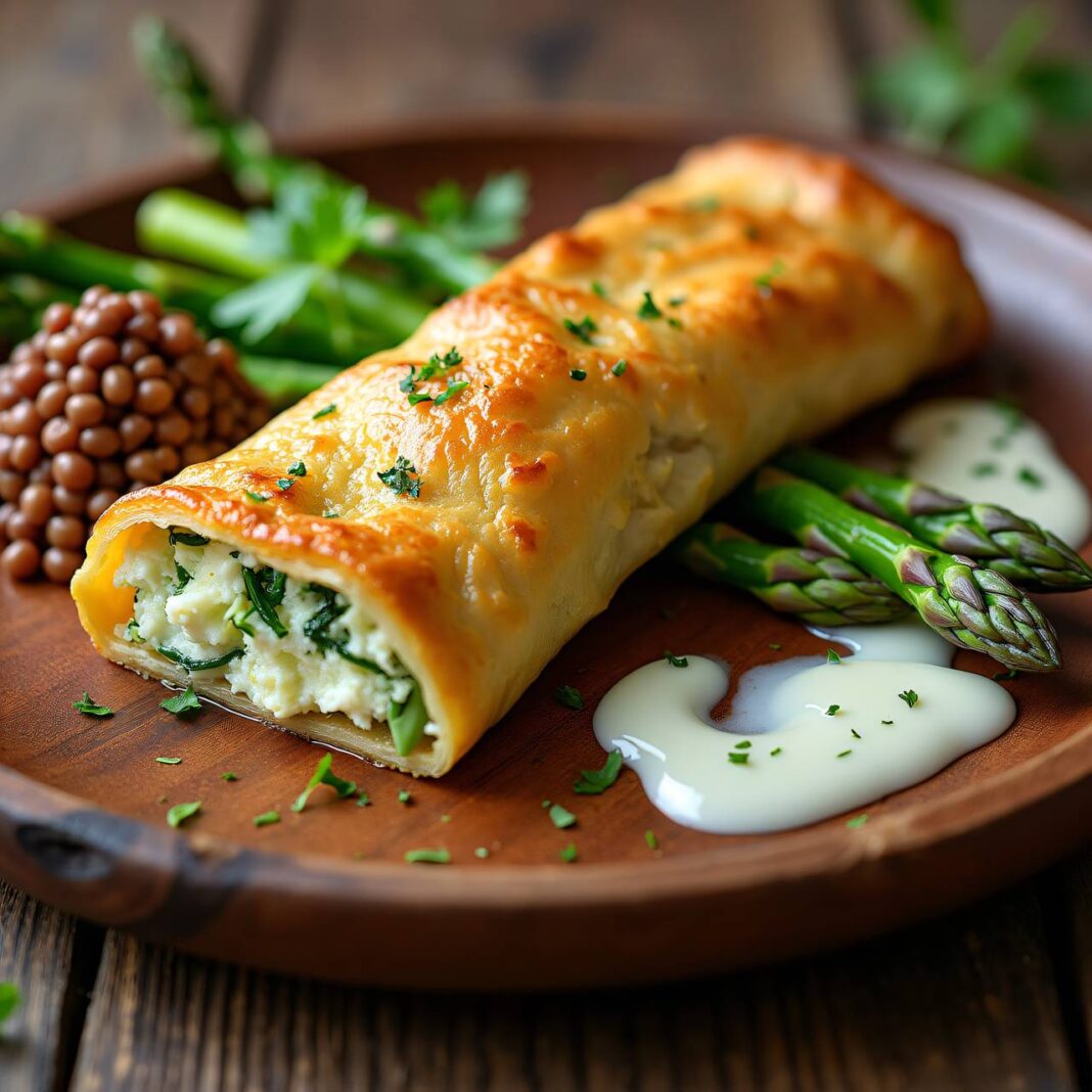 Frischkäse-Kohlrabi-Strudel auf Spargeln Rezept Frischkäse-Kohlrabi-Strudel auf Spargeln Rezept