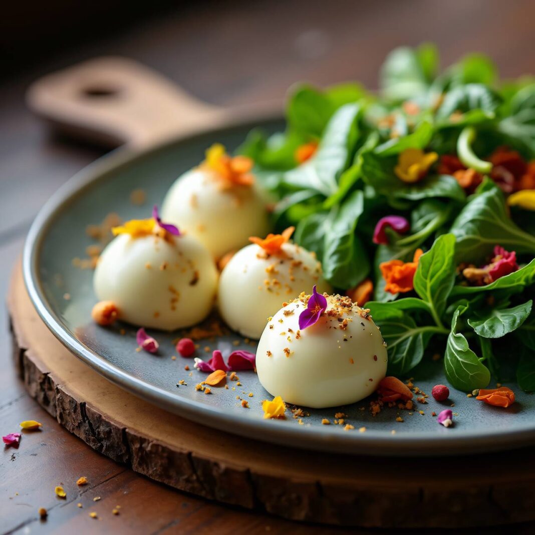 Frischkäse-Pralinen mit Salat Rezept Frischkäse-Pralinen mit Salat Rezept