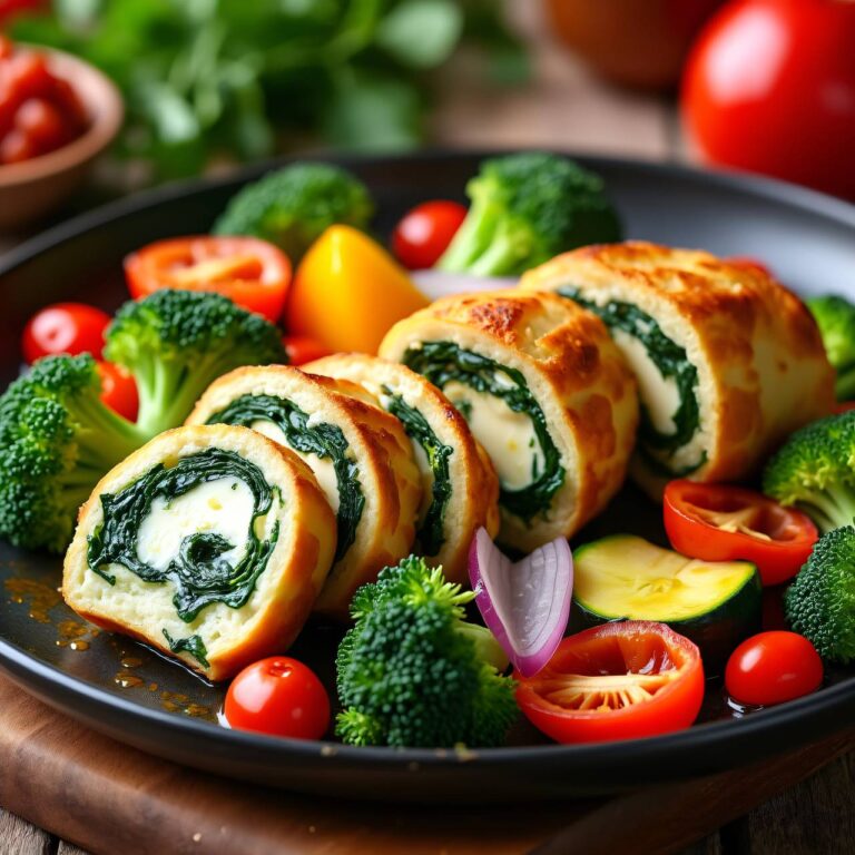 Frischkäse-Spinat-Rouladen mit Gemüse Rezept
