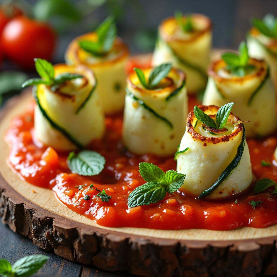 Frischkäse-Zucchini-Päckchen mit Tomaten-Coulis Rezept Frischkäse-Zucchini-Päckchen mit Tomaten-Coulis Rezept