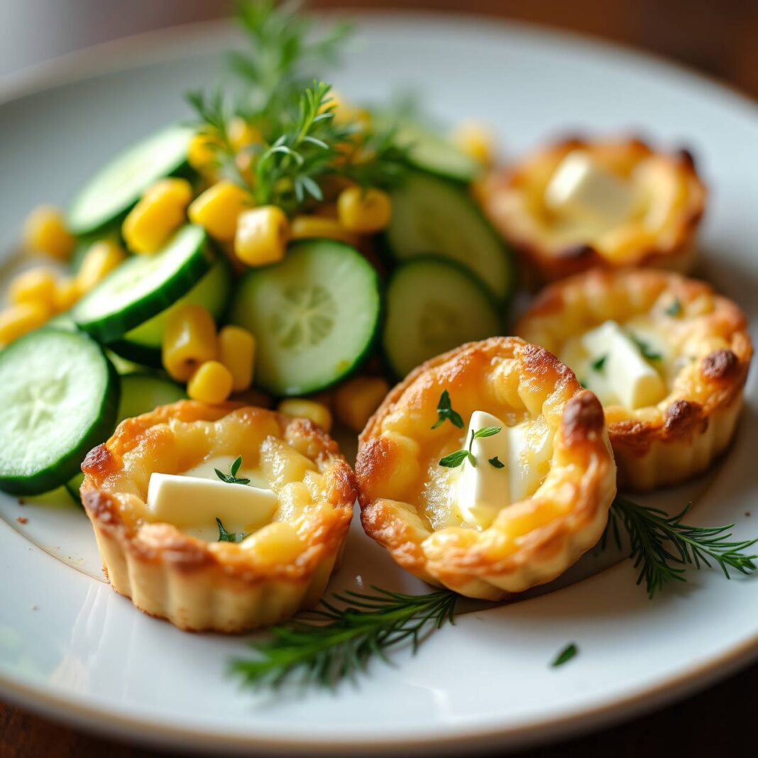 Frischkäsetörtchen mit Gurke-Mais-Salat Rezept Frischkäsetörtchen mit Gurke-Mais-Salat Rezept