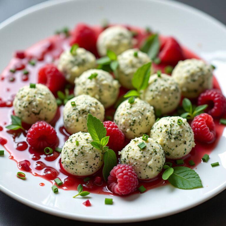 Frischkäsetruffes im Kräutermantel mit Himbeer-Vinaigrette Rezept