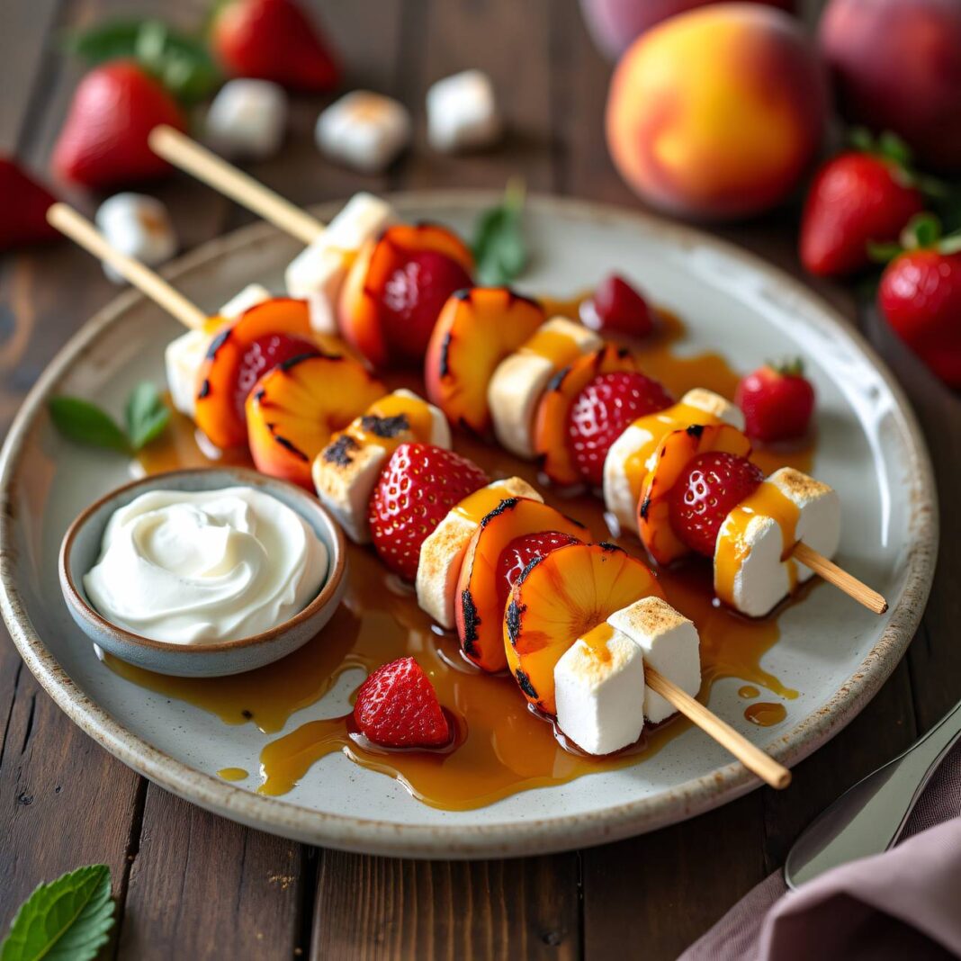 Fruchtspieße vom Grill mit Honig und Marshmallows Rezept Fruchtspieße vom Grill mit Honig und Marshmallows Rezept