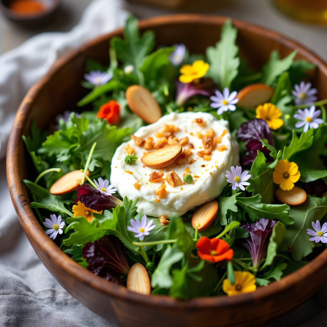 Frühlingssalat mit Mandel-Hüttenkäse Rezept Frühlingssalat mit Mandel-Hüttenkäse Rezept