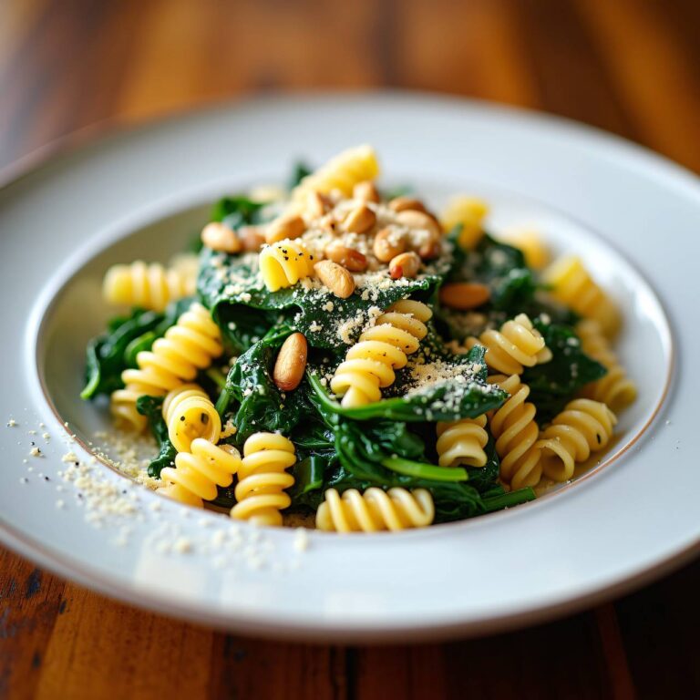 Fusilli mit Spinat, Pinienkernen und Käse Rezept