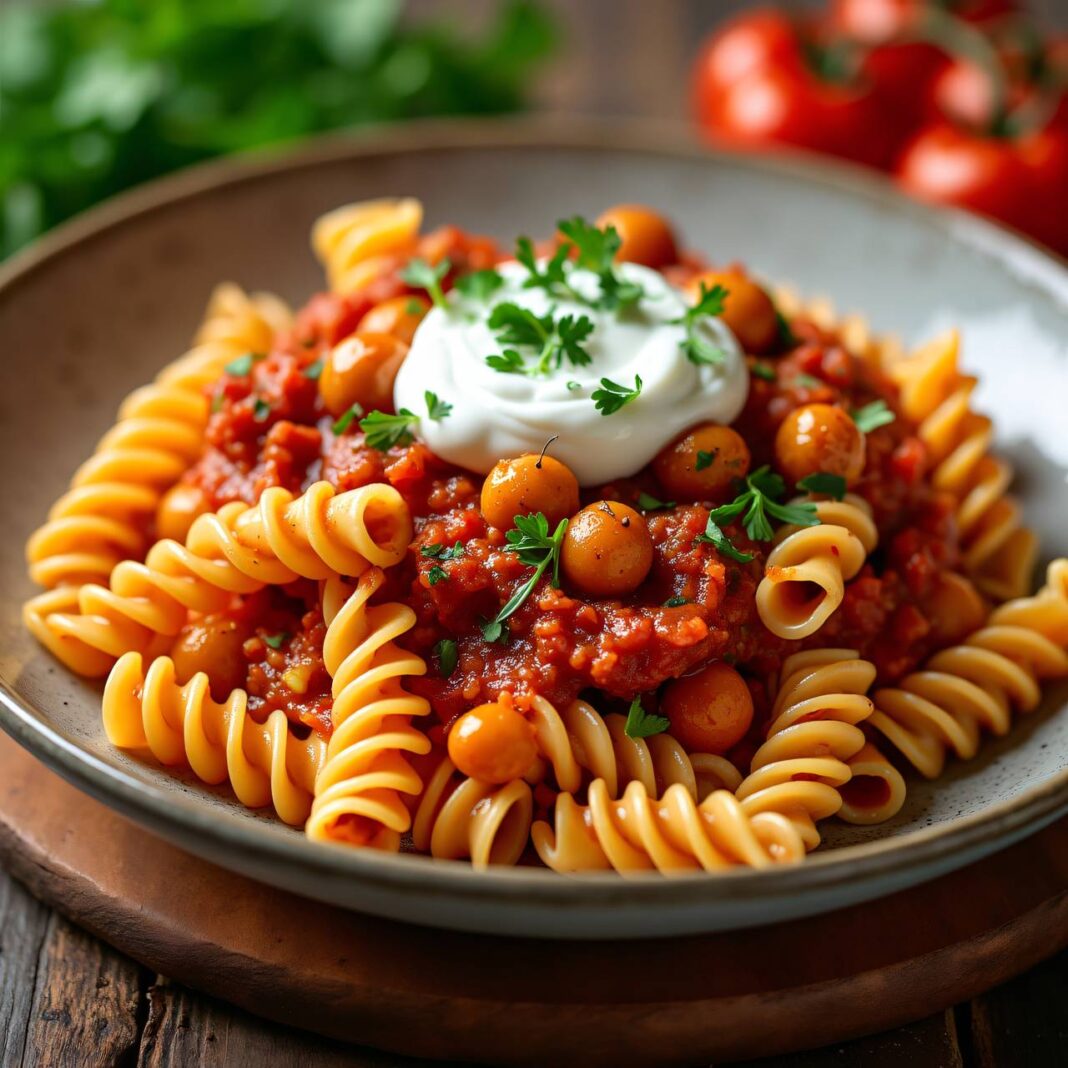 Fusilli mit Tomatensauce und Kichererbsen Rezept Fusilli mit Tomatensauce und Kichererbsen Rezept