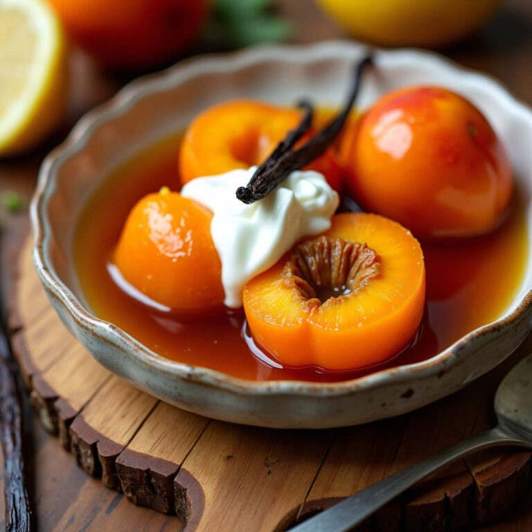 Ganze Aprikosen in Bittermandelsirup mit Crème fraîche Rezept