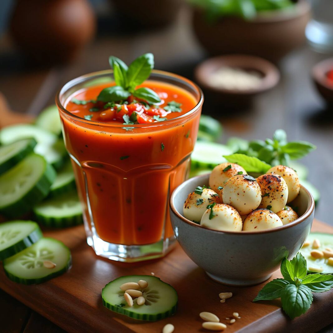 Gazpacho mit mariniertem Mozzarella Rezept Gazpacho mit mariniertem Mozzarella Rezept