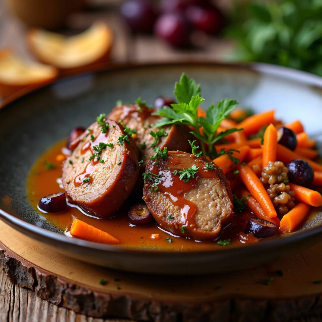 Gebeizter Schweinpfeffer auf Karotten-Potpourri Rezept Gebeizter Schweinpfeffer auf Karotten-Potpourri Rezept