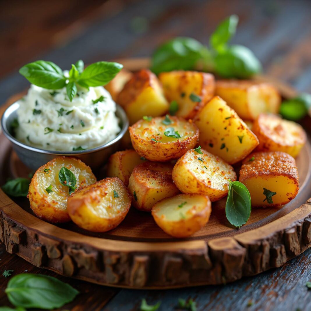 Gebratene Frühkartoffeln mit Basilikum-Frischkäse Rezept Gebratene Frühkartoffeln mit Basilikum-Frischkäse Rezept