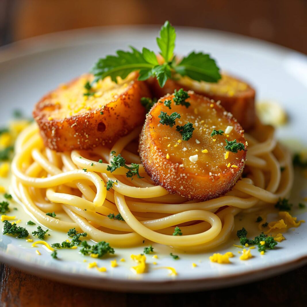 Gebratener Käse mit Gremolata auf Nudeln Rezept Gebratener Käse mit Gremolata auf Nudeln Rezept