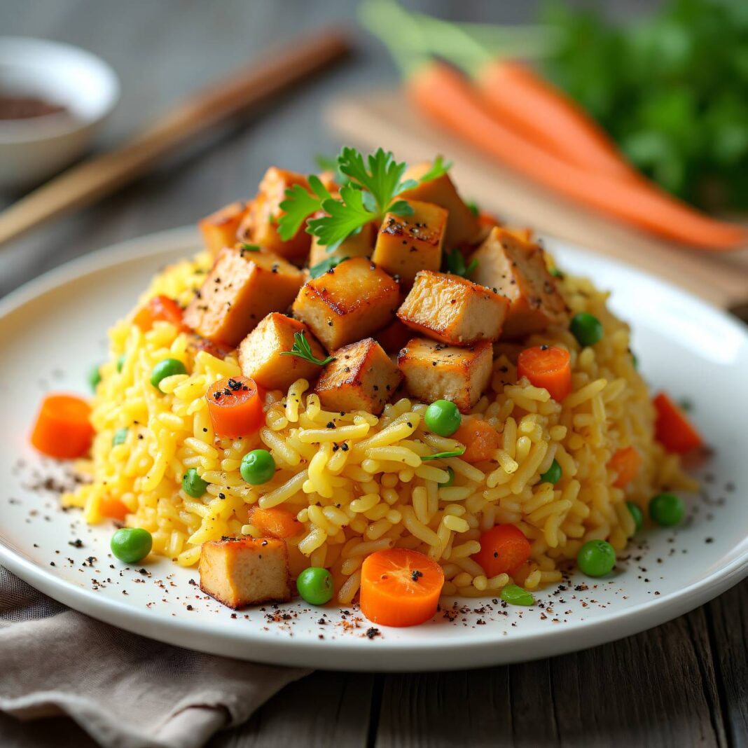 Gebratener Reis mit Hühnerwürfeln Rezept Gebratener Reis mit Hühnerwürfeln Rezept