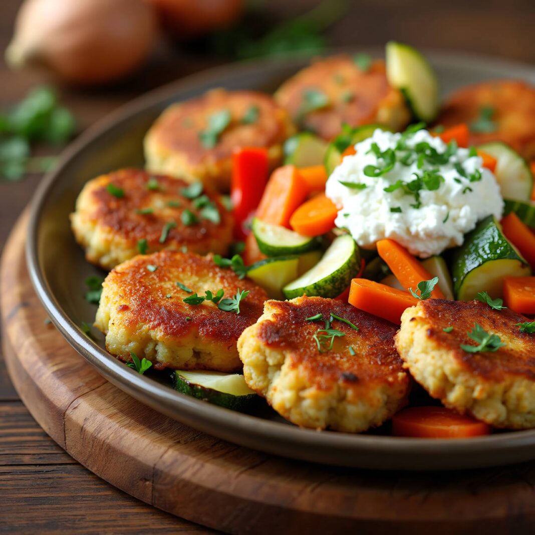 Gebratenes Gemüse mit Hackplätzchen Rezept Gebratenes Gemüse mit Hackplätzchen Rezept