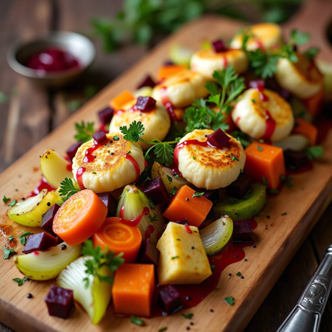 Gebratenes Gemüse mit Käse-Quenelles und rote Rüben-Vinaigrette Rezept Gebratenes Gemüse mit Käse-Quenelles und rote Rüben-Vinaigrette Rezept
