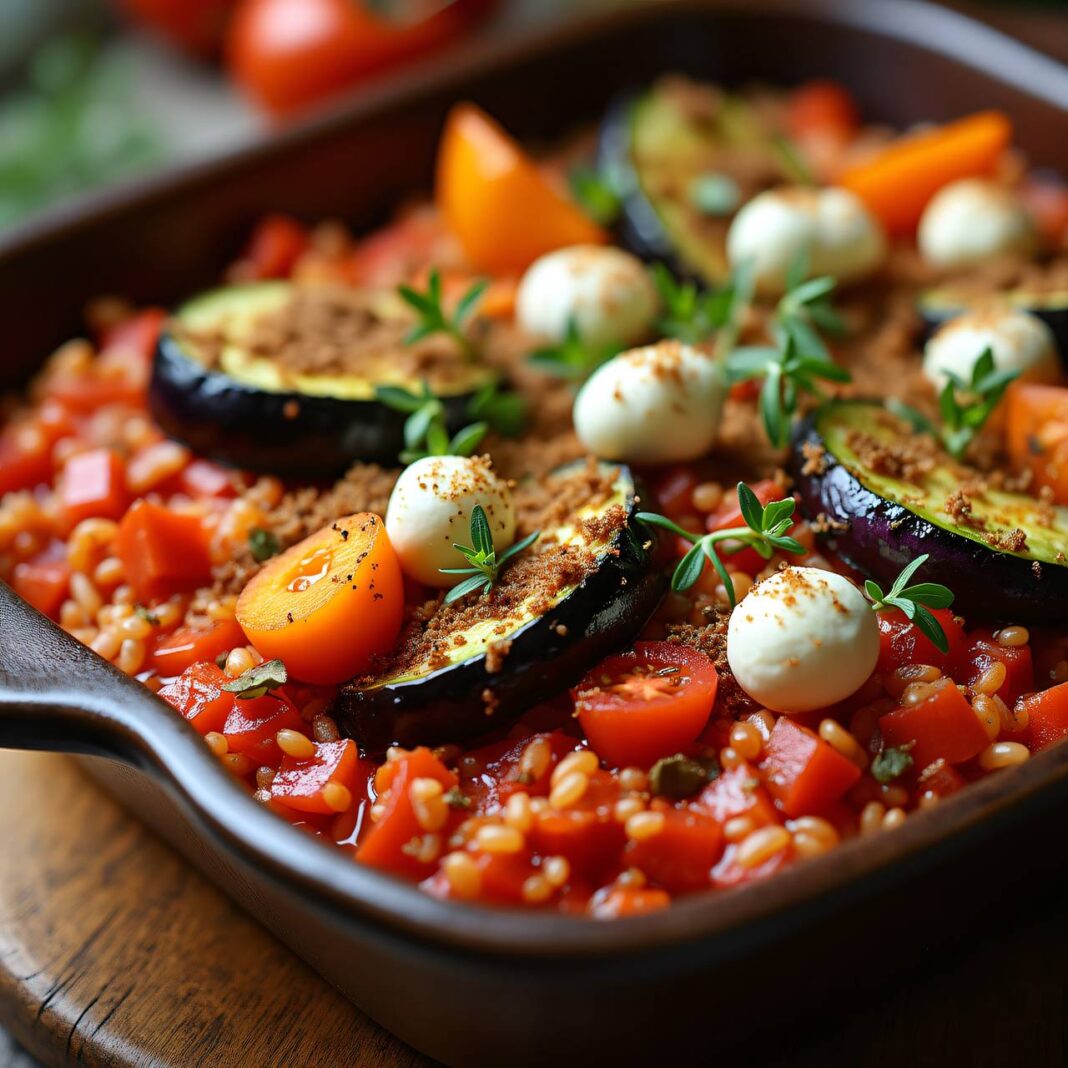 Gebratenes Herbstgemüse mit Thymiankruste auf Tomatenreis Rezept Gebratenes Herbstgemüse mit Thymiankruste auf Tomatenreis Rezept