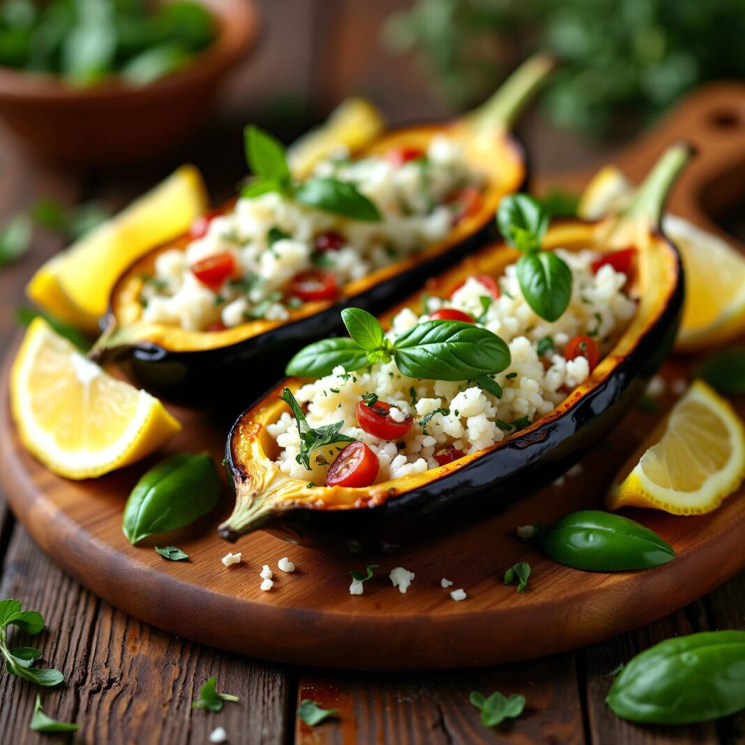 Gefüllte Auberginen mit Reis und Frischkäse Rezept Gefüllte Auberginen mit Reis und Frischkäse Rezept