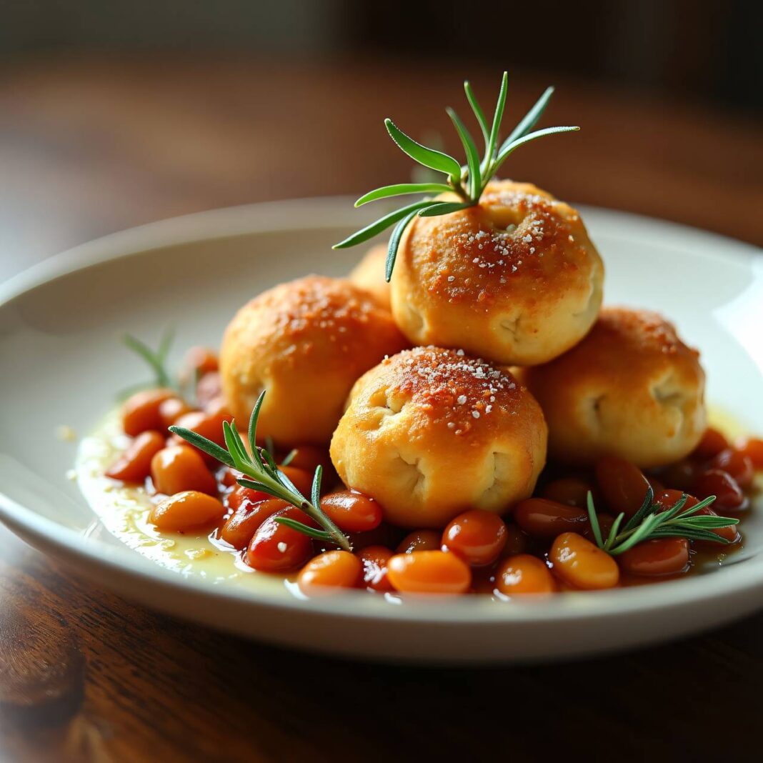 Gefüllte Brandteigkugeln mit Fleisch auf Dörrbohnen Rezept Gefüllte Brandteigkugeln mit Fleisch auf Dörrbohnen Rezept