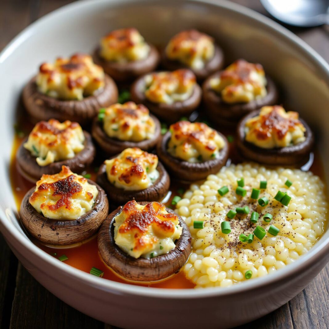 Gefüllte Champignons mit Bundzwiebel-Weißweinrisotto Rezept Gefüllte Champignons mit Bundzwiebel-Weißweinrisotto Rezept