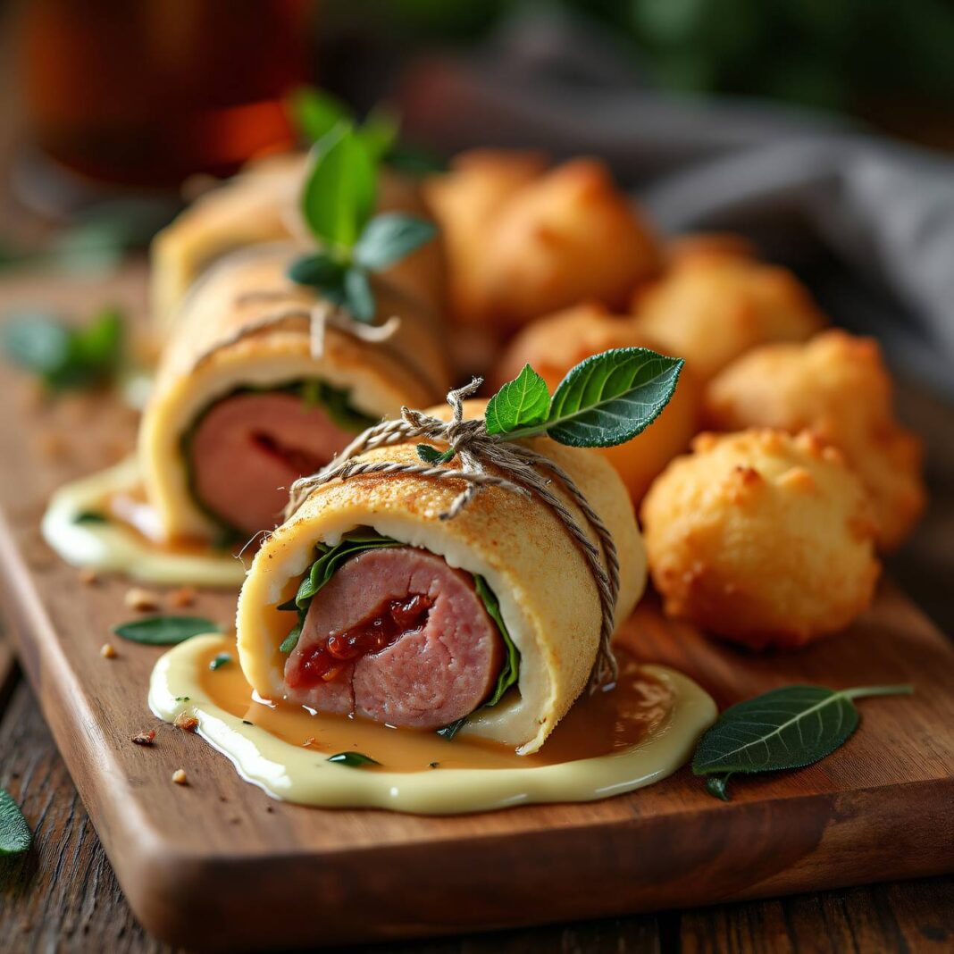 Gefüllte Kalbfleischröllchen an Salbeirahmsauce mit Mandelkroketten Rezept Gefüllte Kalbfleischröllchen an Salbeirahmsauce mit Mandelkroketten Rezept
