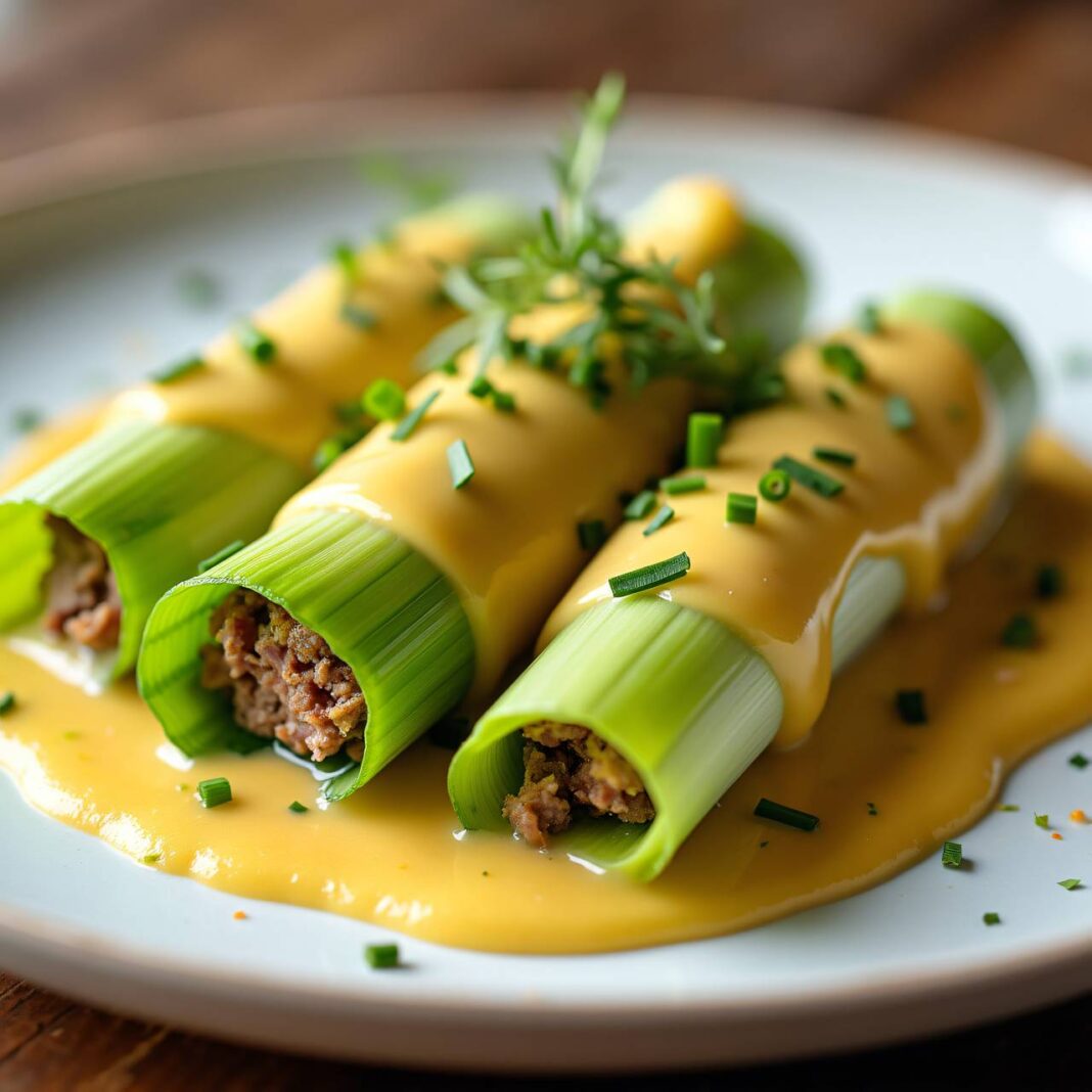 Gefüllte Lauchrollen an Senfrahmsauce Rezept Gefüllte Lauchrollen an Senfrahmsauce Rezept