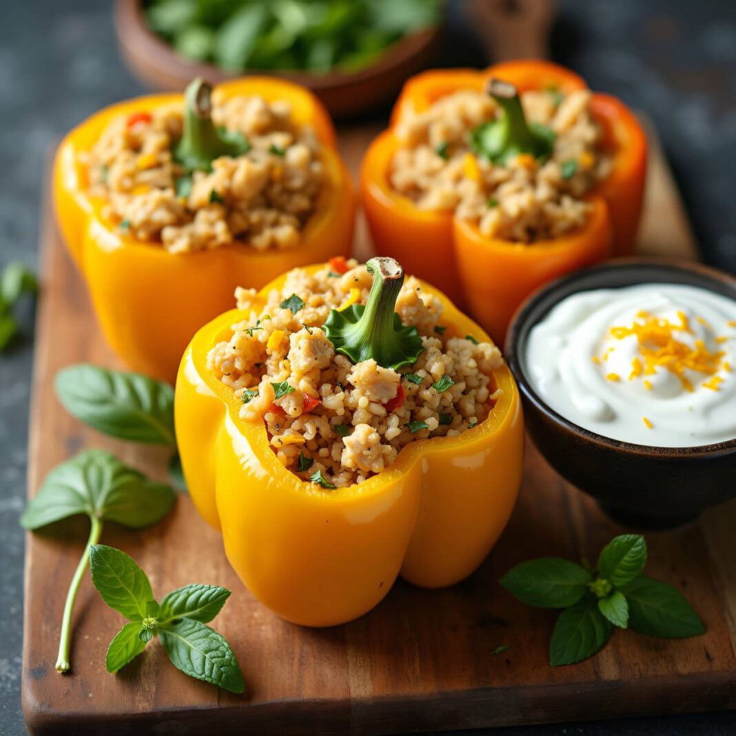 Gefüllte Paprika mit Reis und Hähnchen Rezept Gefüllte Paprika mit Reis und Hähnchen Rezept