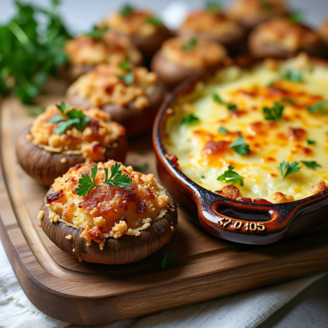 Gefüllte Riesen-Champignons mit Kartoffel-Gratin Rezept Gefüllte Riesen-Champignons mit Kartoffel-Gratin Rezept