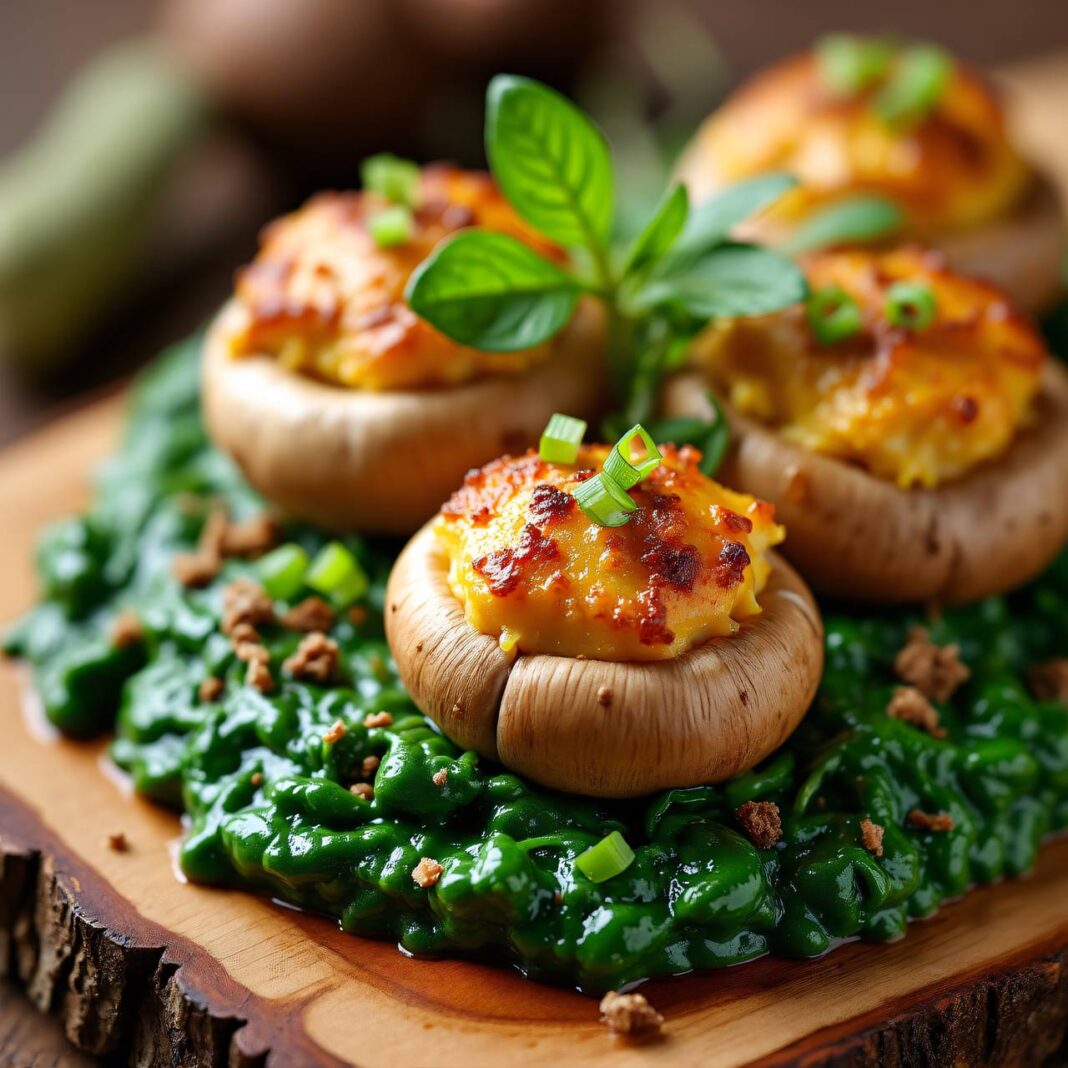 Gefüllte Shiitake-Pilze auf Rahmspinat Rezept Gefüllte Shiitake-Pilze auf Rahmspinat Rezept