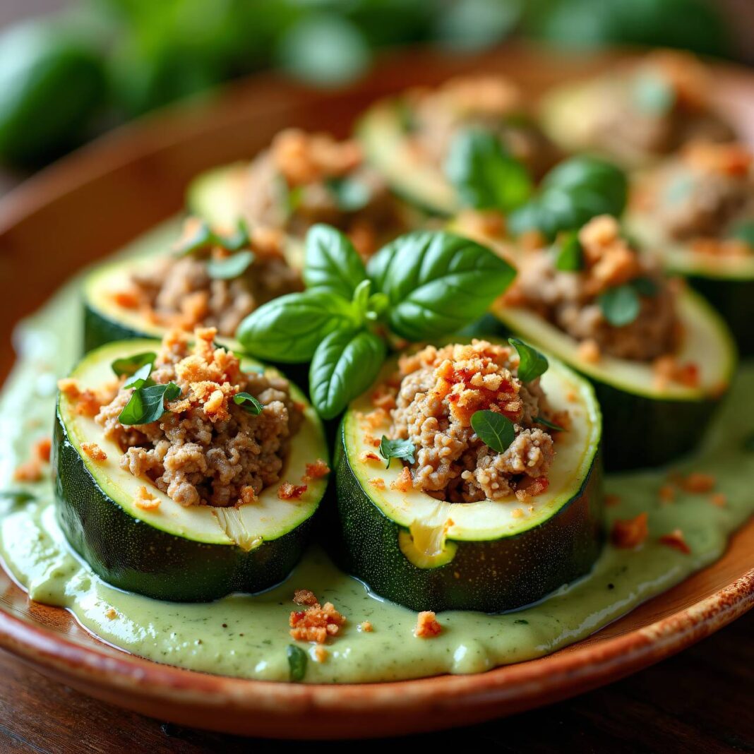 Gefüllte Zucchini mit Basilikum-Sahnesauce Rezept Gefüllte Zucchini mit Basilikum-Sahnesauce Rezept