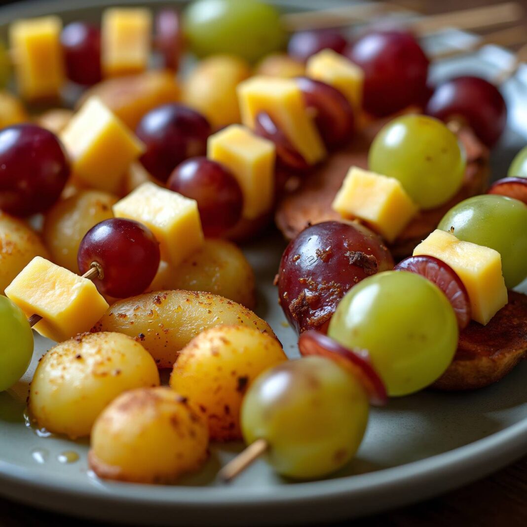 Gekochte Kartoffeln mit Käse-Trauben-Spießen Rezept Gekochte Kartoffeln mit Käse-Trauben-Spießen Rezept